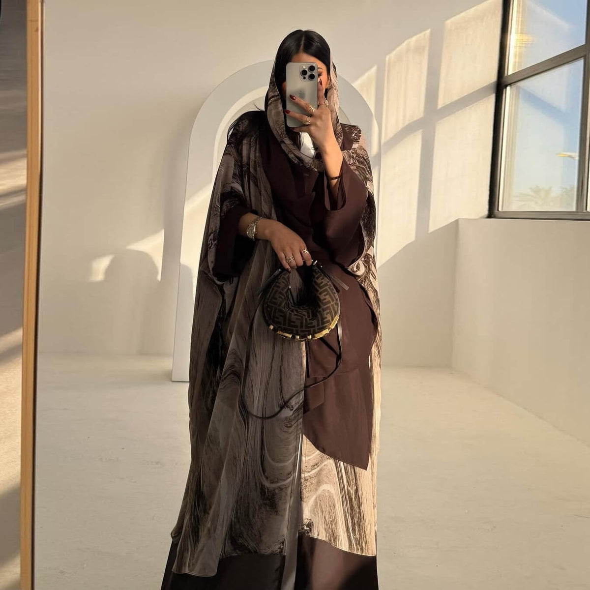 Chiffon Brown Floral Open Abaya with Hijab 2-Piece Set