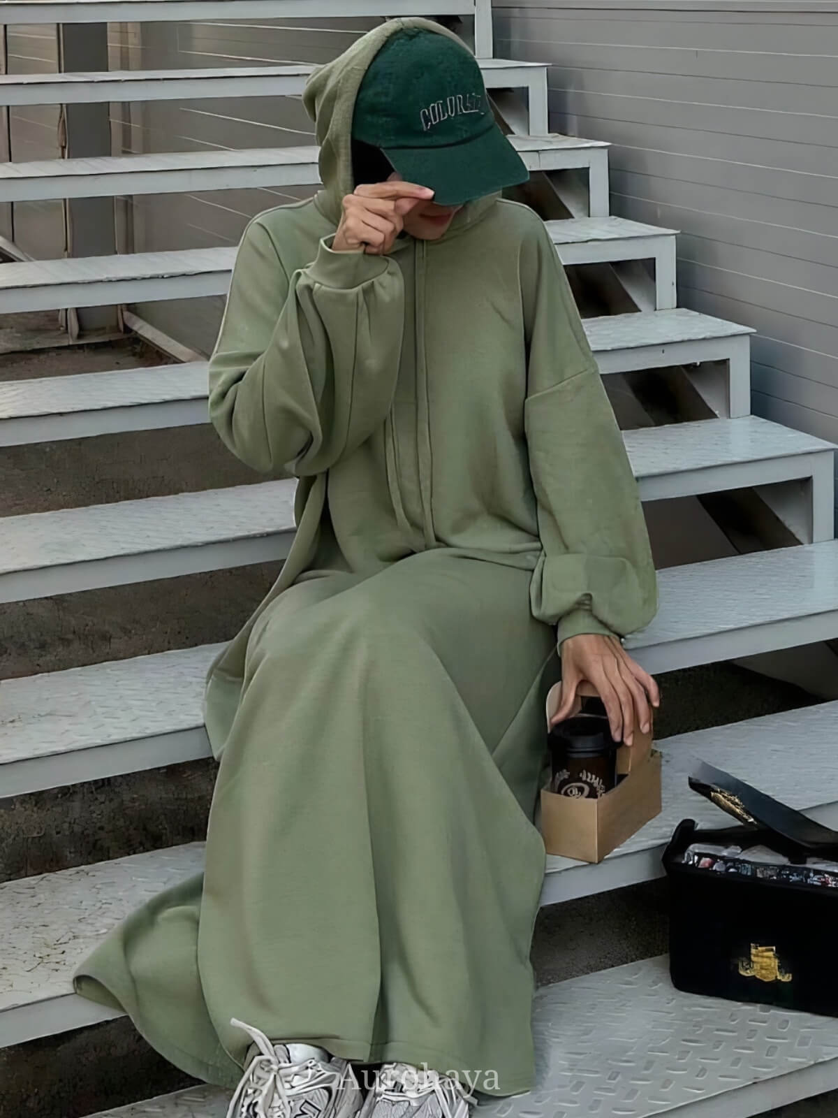 Solid color hooded Abaya with Pockets