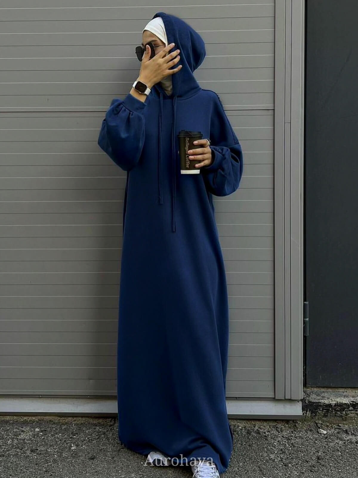 Solid color hooded Abaya with Pockets