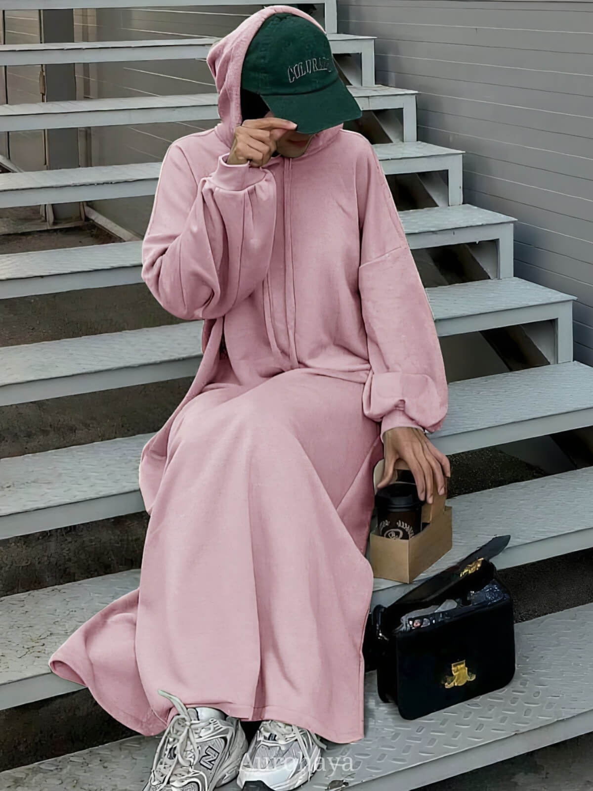 Solid color hooded Abaya with Pockets