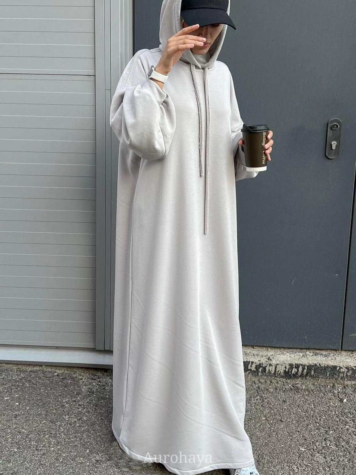 Solid color hooded Abaya with Pockets