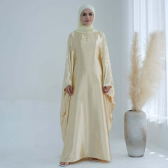 Wrinkled Satin Beige Butterfly Abaya Dress