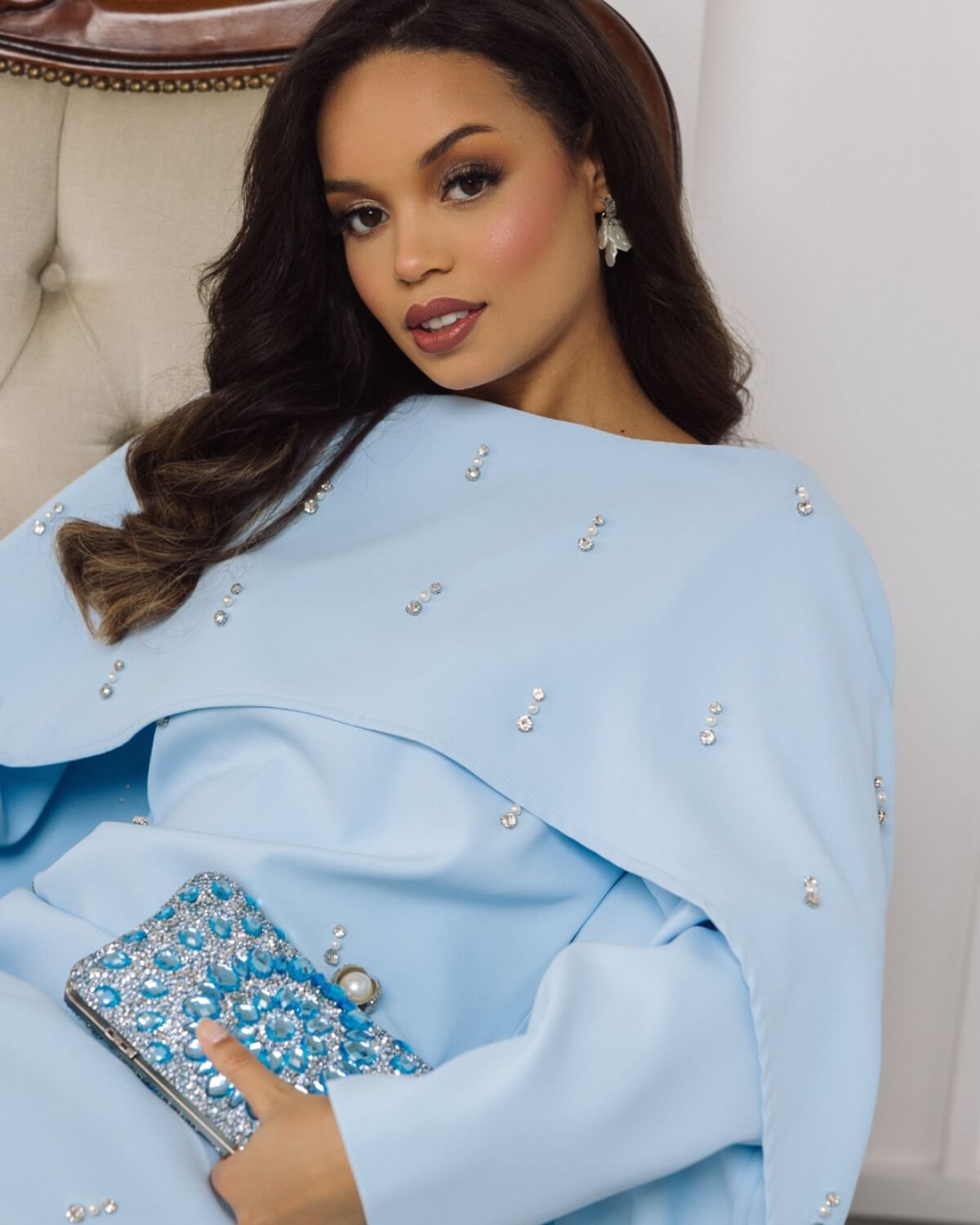 Luxury Pearl & Diamond Maxi Cape Dress