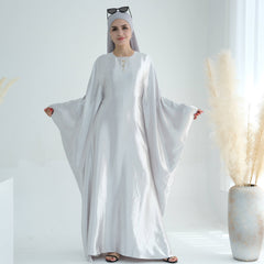 Wrinkled Satin Silver Butterfly Abaya Dress