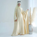 Wrinkled Satin Beige Butterfly Abaya Dress