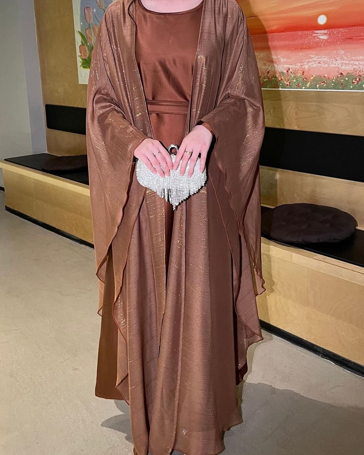 Shimmer Open Abaya Dress 3-Piece Set