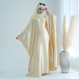 Wrinkled Satin Beige Butterfly Abaya Dress