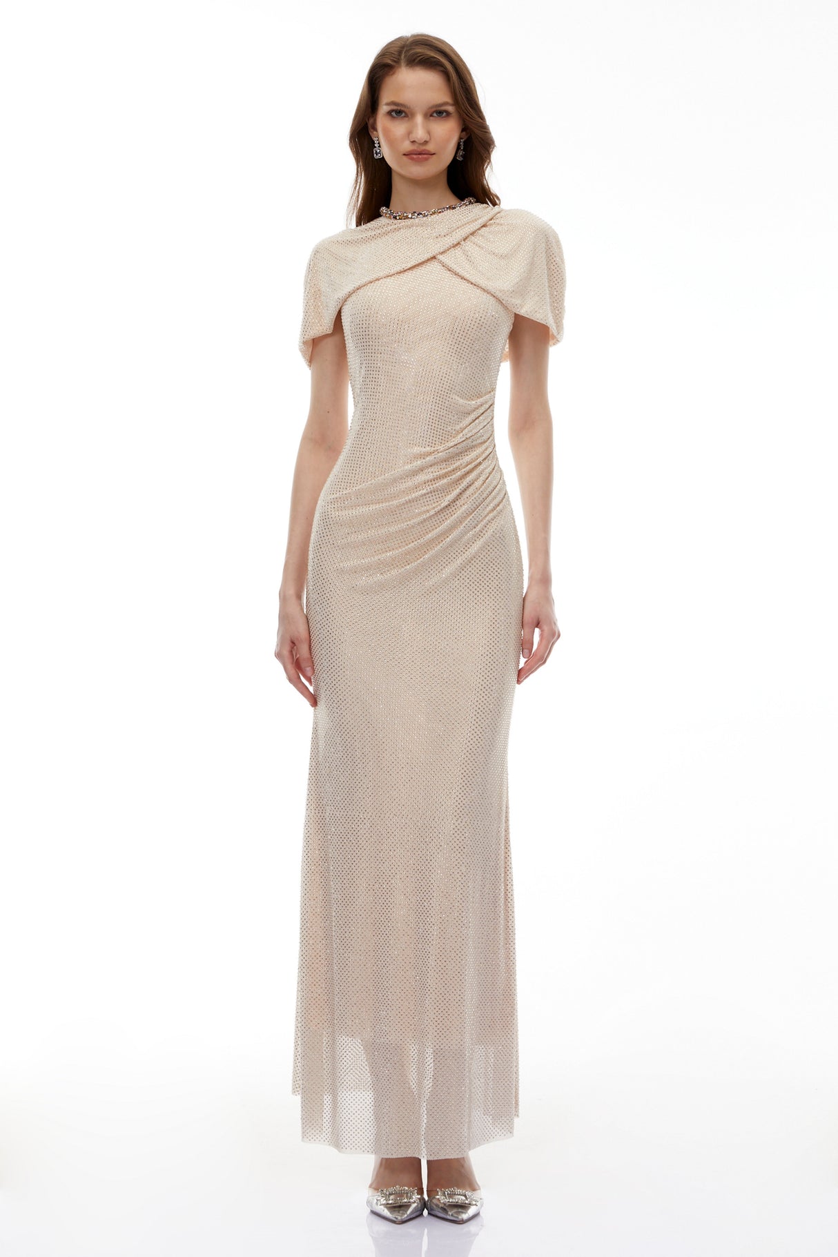 Aurohaya Abigail Champagne Cape Sleeve Rhinestone Maxi Dress