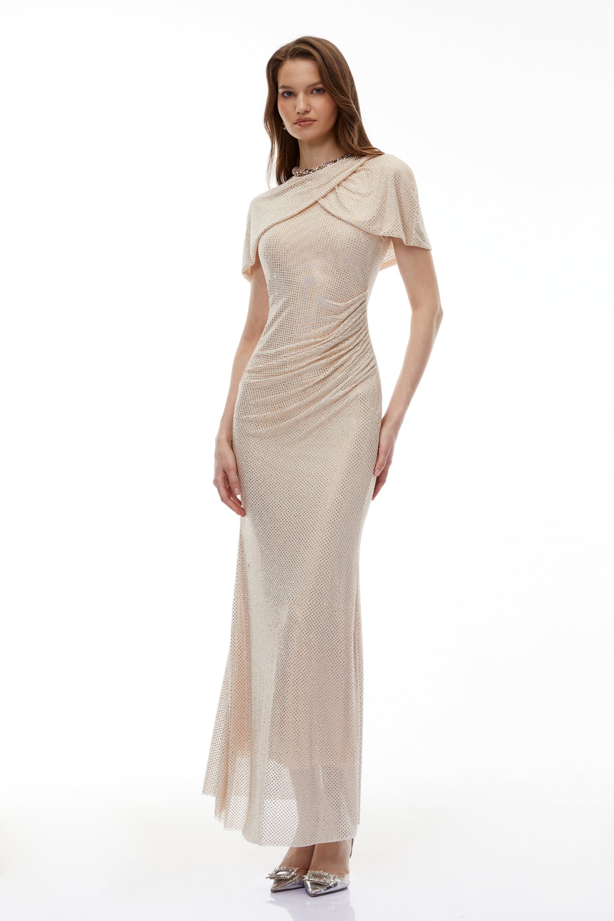 Aurohaya Abigail Champagne Cape Sleeve Rhinestone Maxi Dress