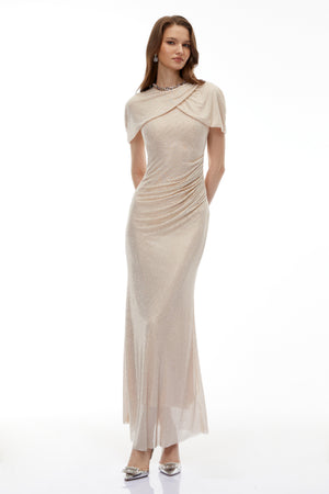 Aurohaya Abigail Champagne Cape Sleeve Rhinestone Maxi Dress