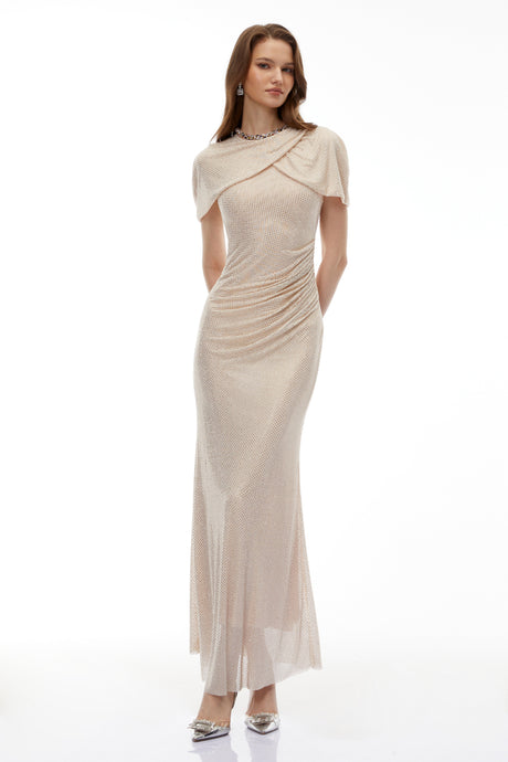 Aurohaya Abigail Champagne Cape Sleeve Rhinestone Maxi Dress