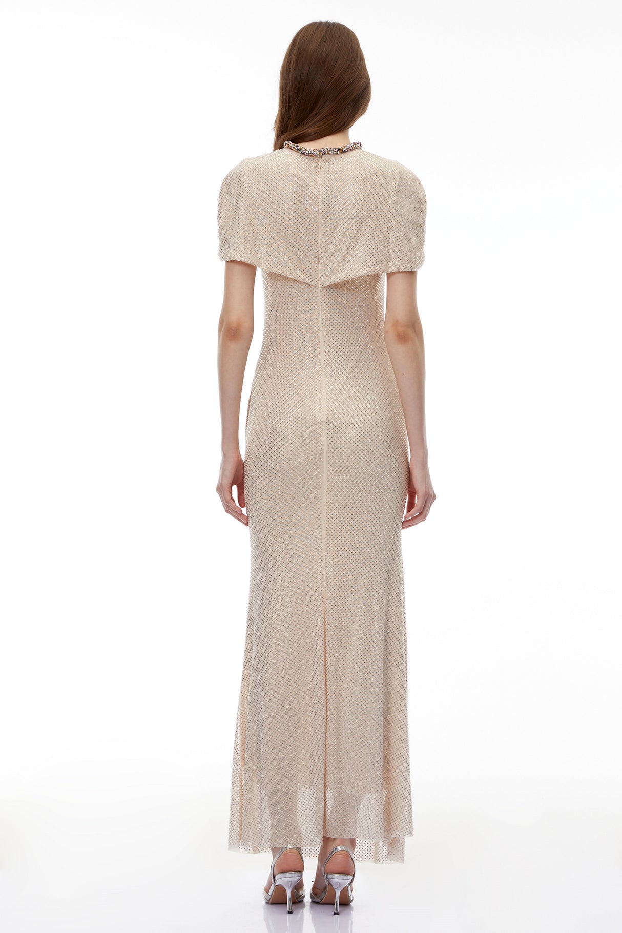 Aurohaya Abigail Champagne Cape Sleeve Rhinestone Maxi Dress