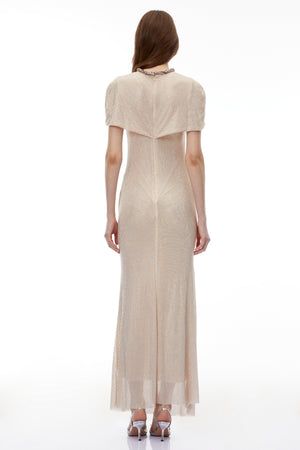 Aurohaya Abigail Champagne Cape Sleeve Rhinestone Maxi Dress