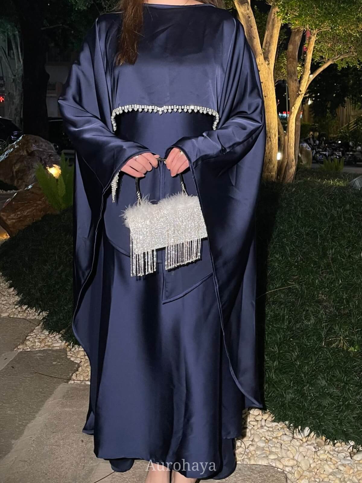 Elegant Satin Cape Abaya Dress with Pearl Crystal