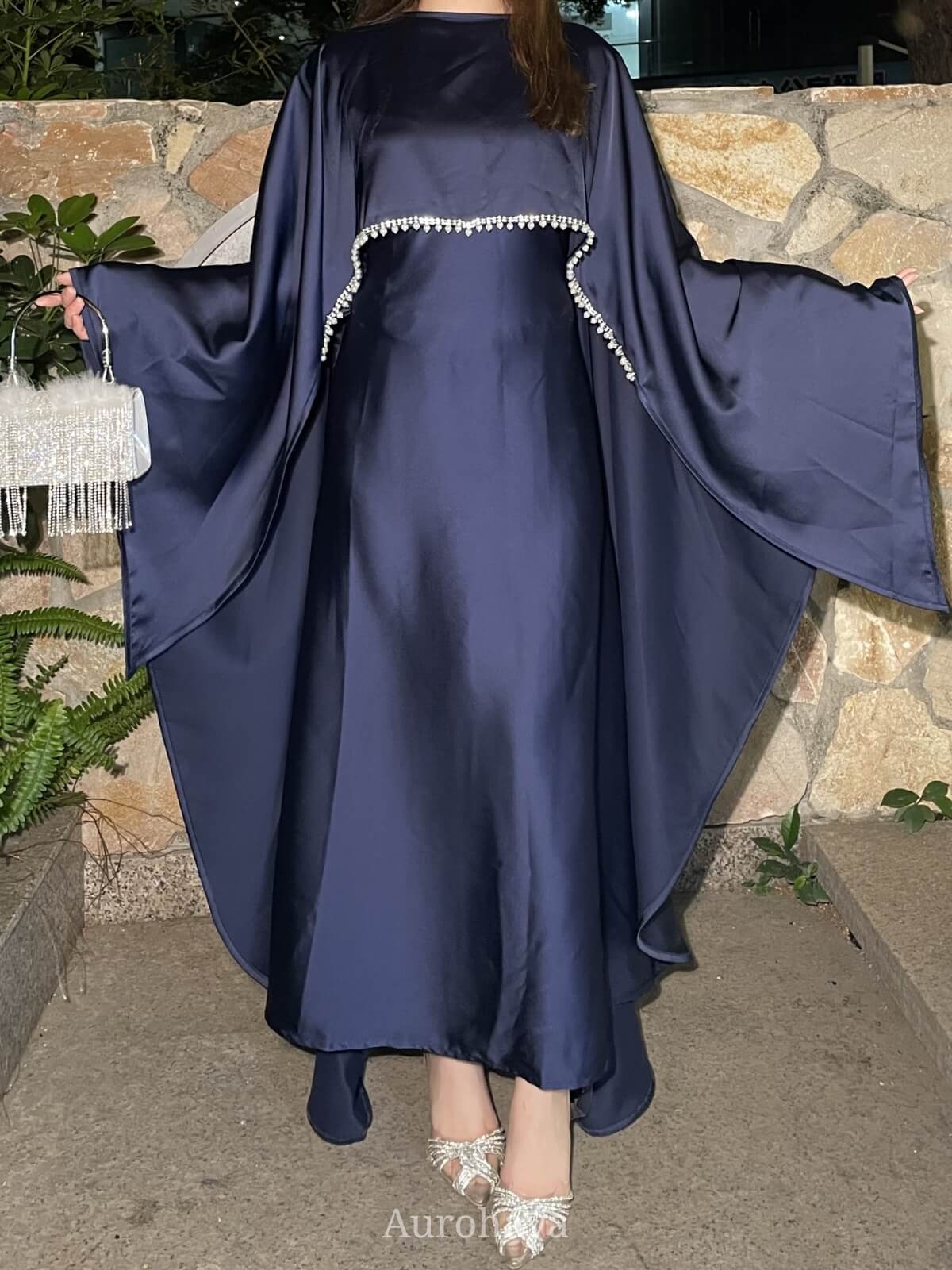 Elegant Satin Cape Abaya Dress with Pearl Crystal