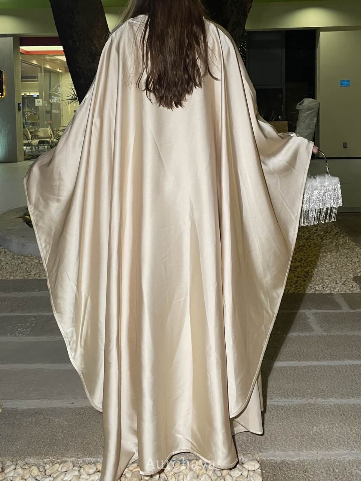 Elegant Satin Cape Abaya Dress with Pearl Crystal