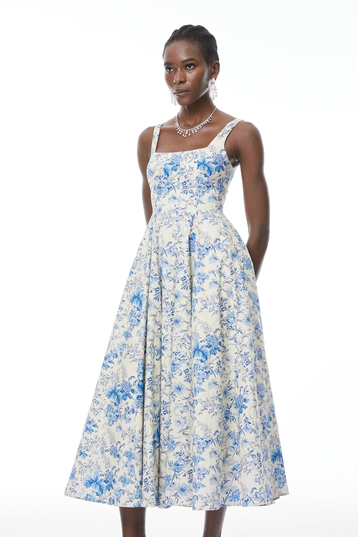Aurohaya Adelheid Blue Floral Print Flared Midi Dress