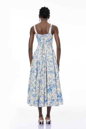 Aurohaya Adelheid Blue Floral Print Flared Midi Dress