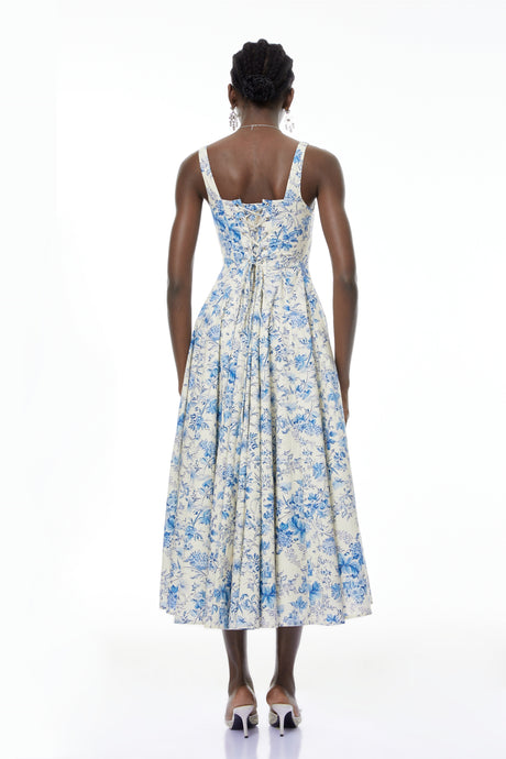 Aurohaya Adelheid Blue Floral Print Flared Midi Dress