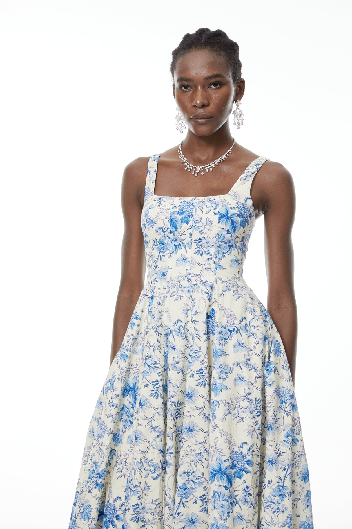Aurohaya Adelheid Blue Floral Print Flared Midi Dress