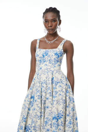 Aurohaya Adelheid Blue Floral Print Flared Midi Dress