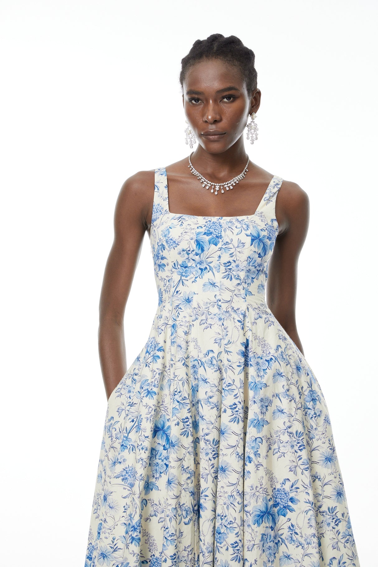 Aurohaya Adelheid Blue Floral Print Flared Midi Dress