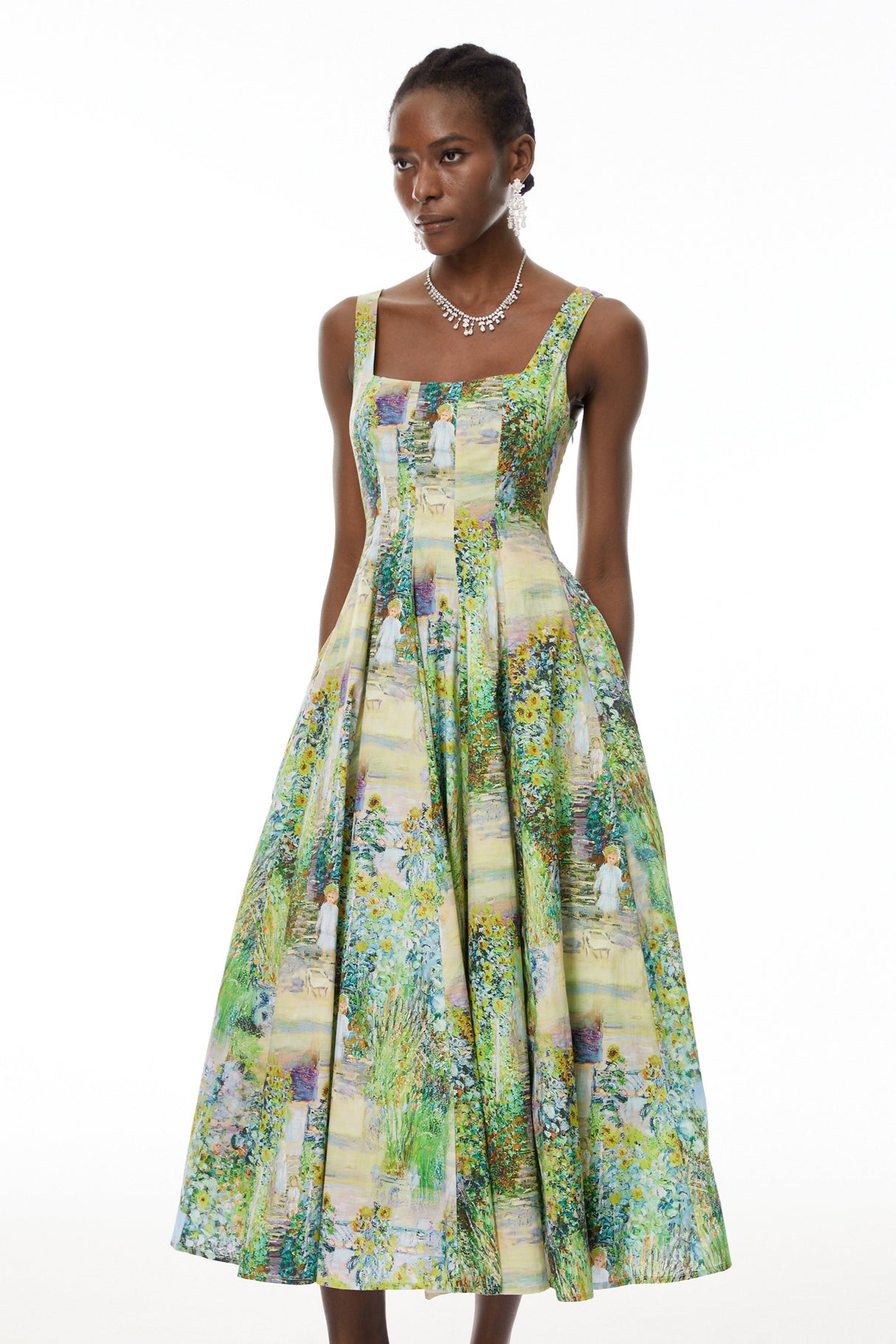 Aurohaya Adelheid Green Floral Print Flared Midi Dress