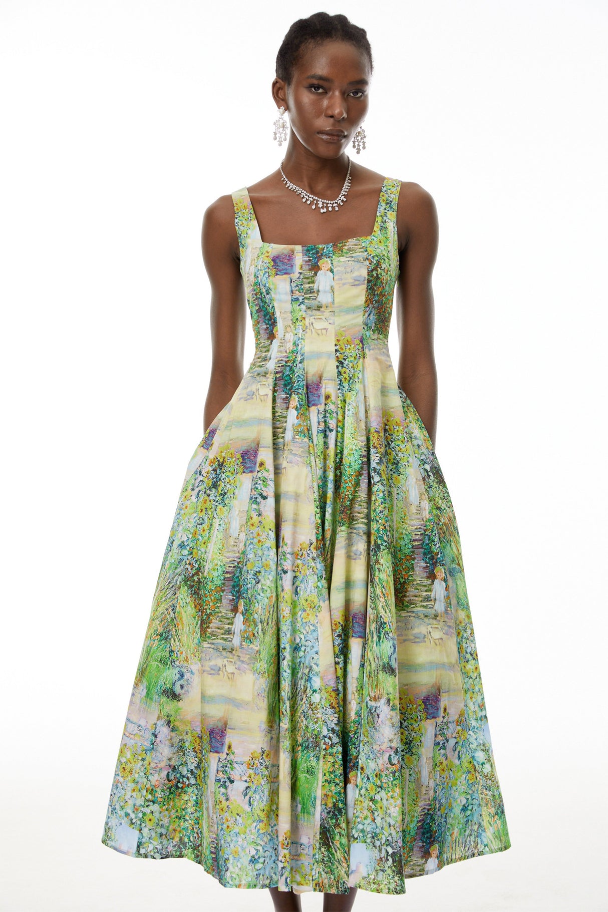 Aurohaya Adelheid Green Floral Print Flared Midi Dress