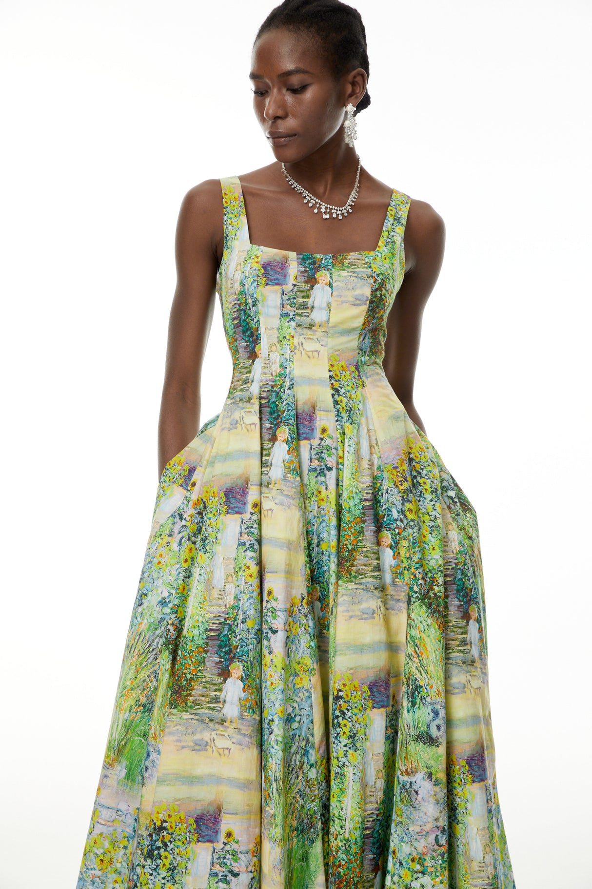 Aurohaya Adelheid Green Floral Print Flared Midi Dress
