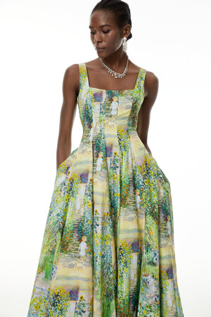 Aurohaya Adelheid Green Floral Print Flared Midi Dress