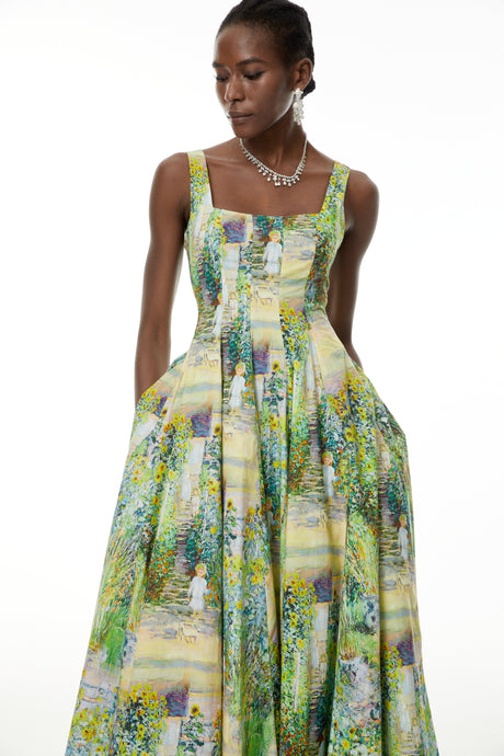 Aurohaya Adelheid Green Floral Print Flared Midi Dress