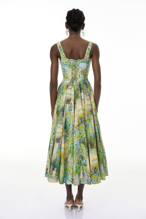Aurohaya Adelheid Green Floral Print Flared Midi Dress
