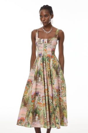 Aurohaya Adelheid Pink Floral Print Flared Midi Dress