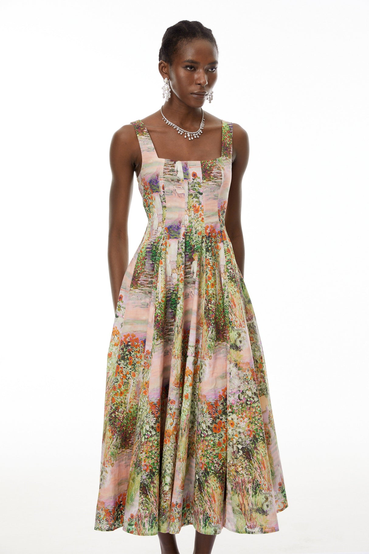 Aurohaya Adelheid Pink Floral Print Flared Midi Dress