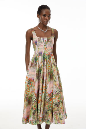 Aurohaya Adelheid Pink Floral Print Flared Midi Dress