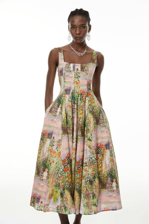 Aurohaya Adelheid Pink Floral Print Flared Midi Dress