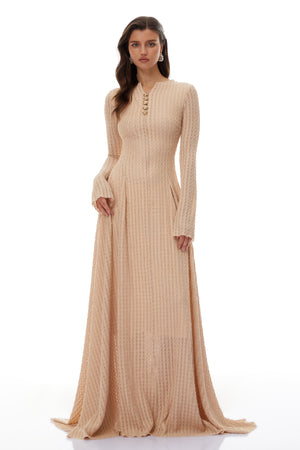 Aurohaya Adeline Beige Textured Jacquard Maxi Gown