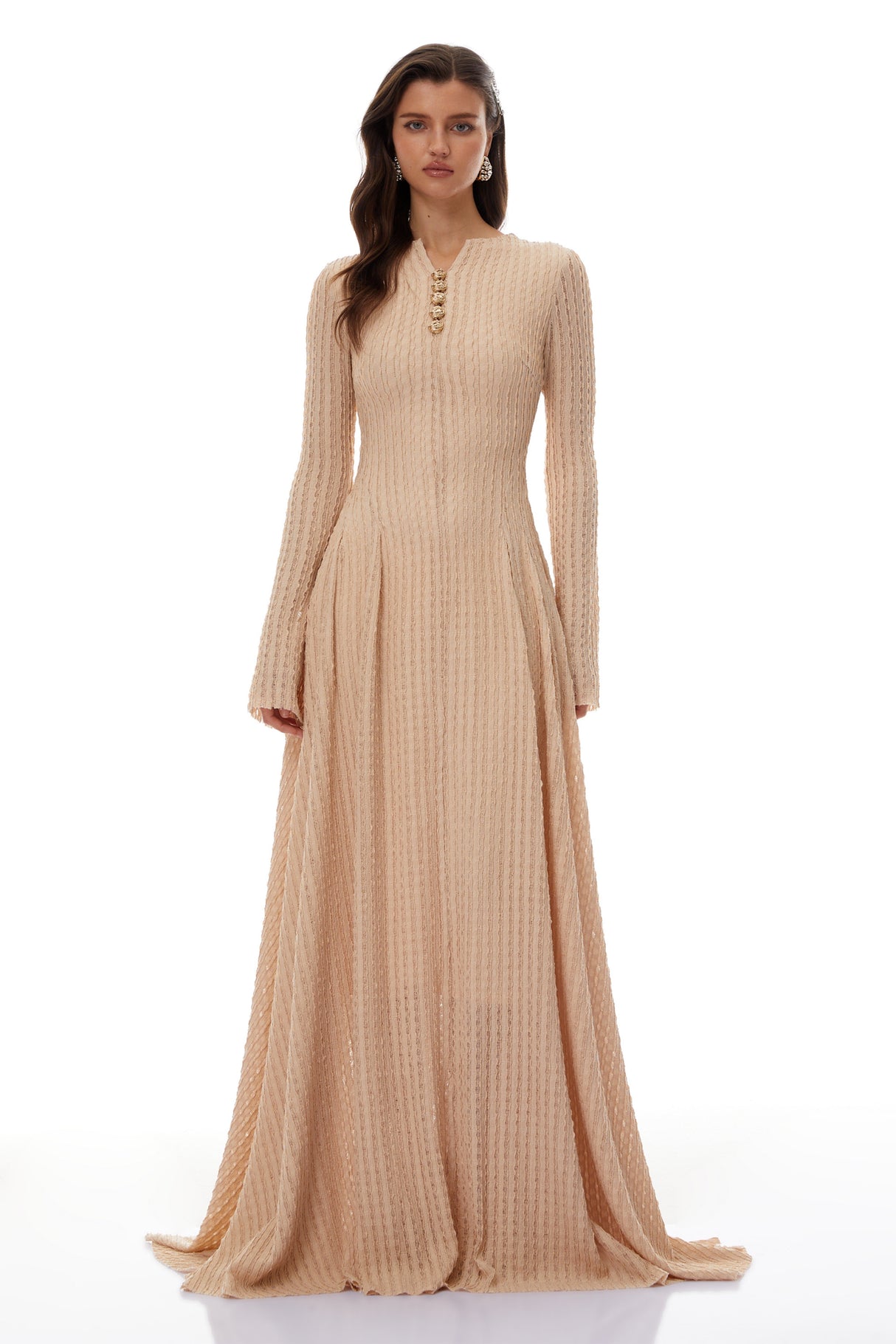 Aurohaya Adeline Beige Textured Jacquard Maxi Gown