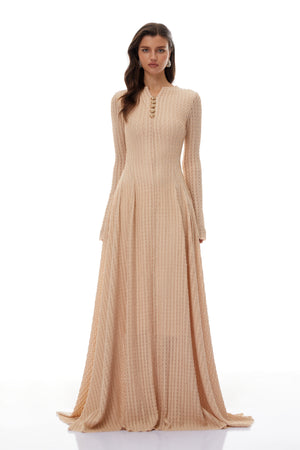 Aurohaya Adeline Beige Textured Jacquard Maxi Gown