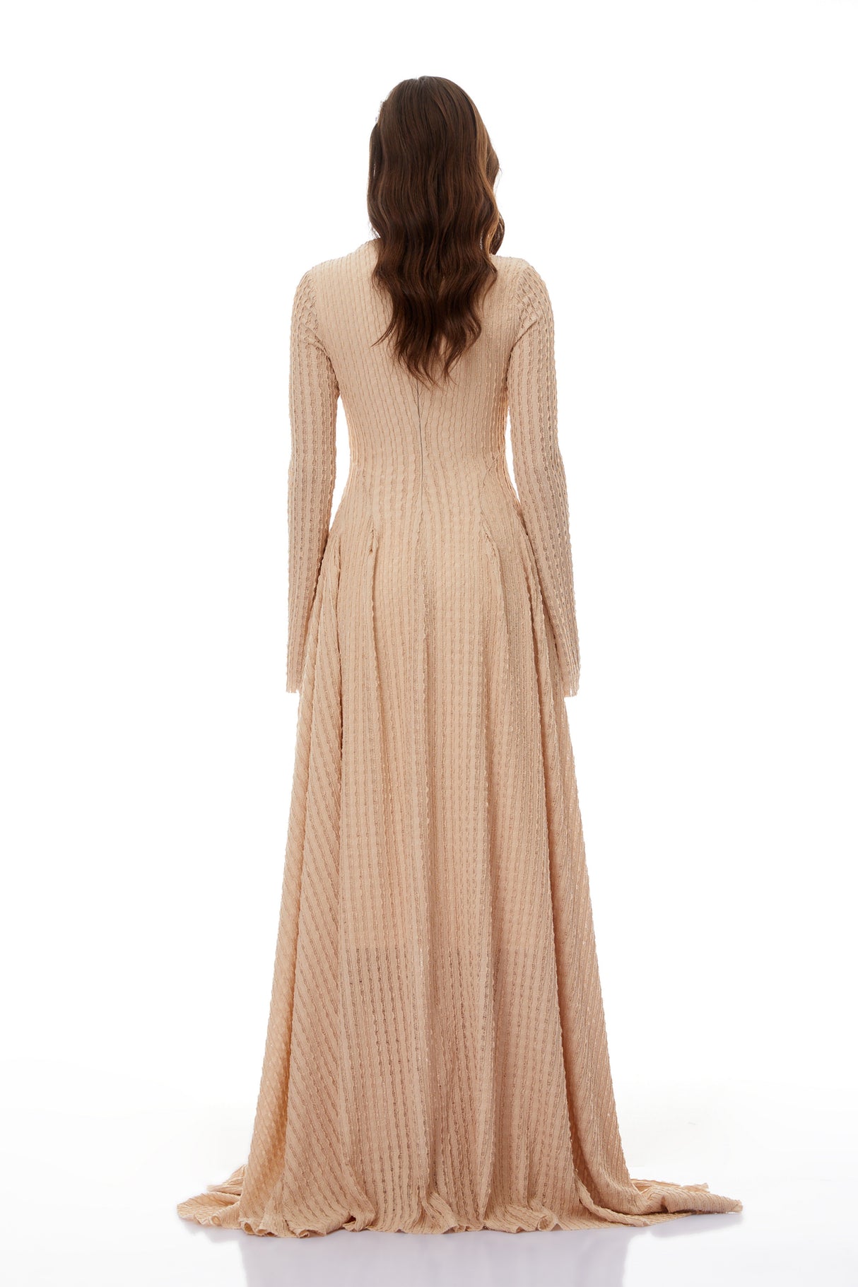 Aurohaya Adeline Beige Textured Jacquard Maxi Gown