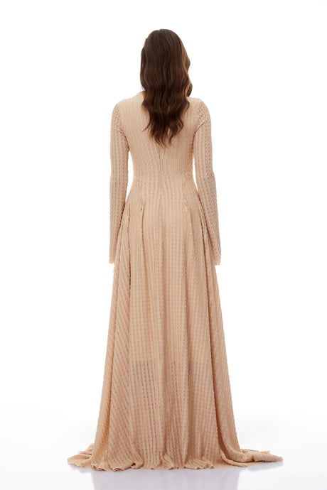 Aurohaya Adeline Beige Textured Jacquard Maxi Gown