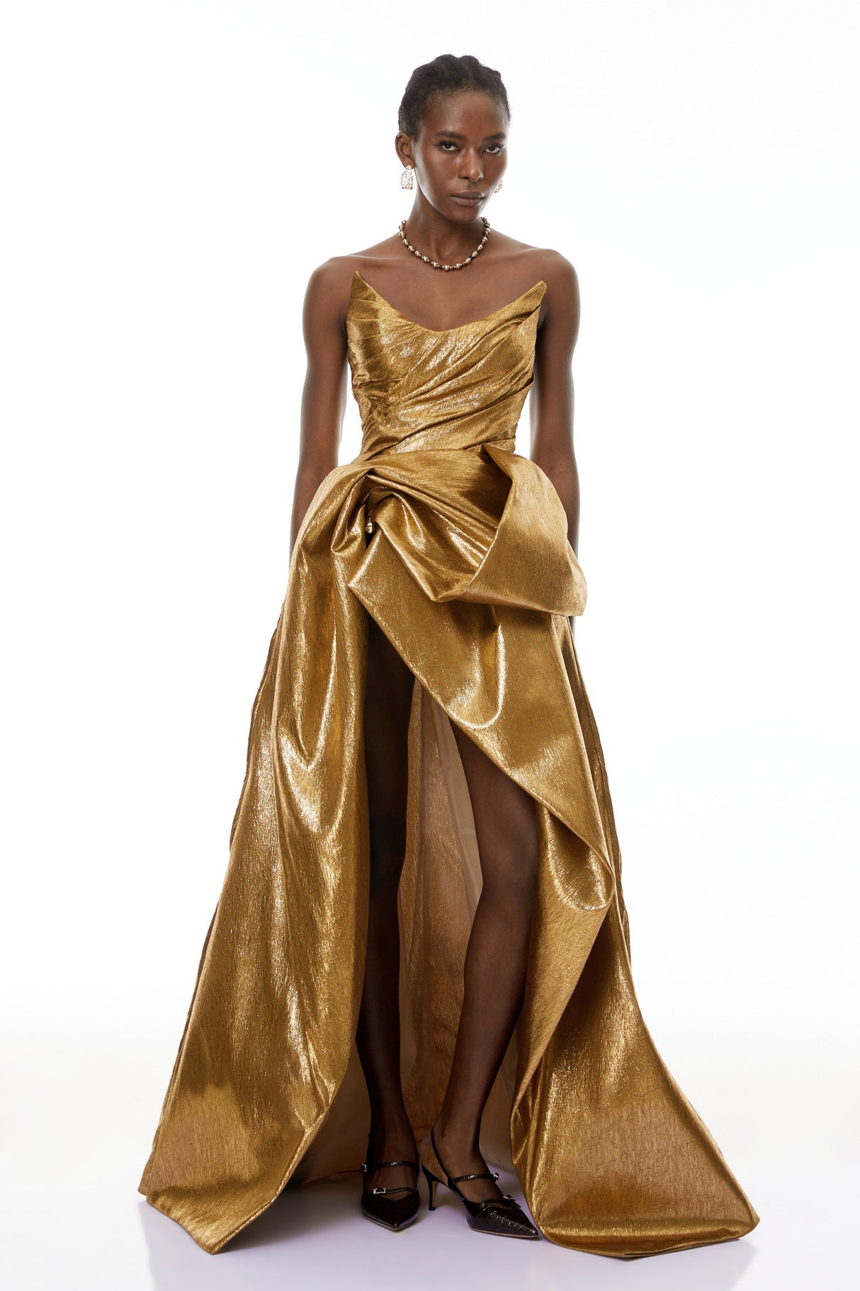 Aurohaya Adina Gold Glossy Asymmetrical Ruched Gown