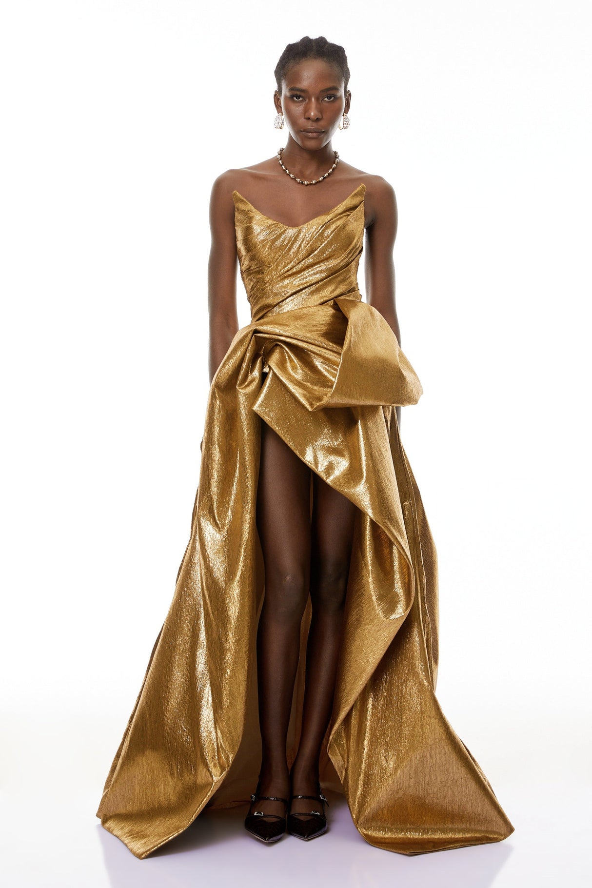 Aurohaya Adina Gold Glossy Asymmetrical Ruched Gown