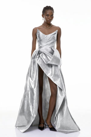 Aurohaya Adina Silver Glossy Asymmetrical Ruched Gown