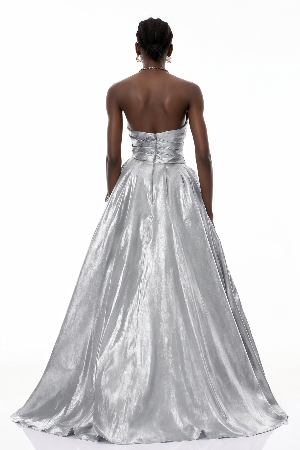 Aurohaya Adina Silver Glossy Asymmetrical Ruched Gown