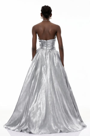 Aurohaya Adina Silver Glossy Asymmetrical Ruched Gown