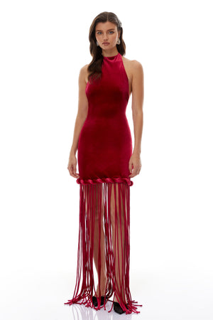 Aurohaya Aïda Red Halterneck Velvet Maxi Dress