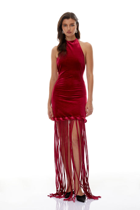 Aurohaya Aïda Red Halterneck Velvet Maxi Dress