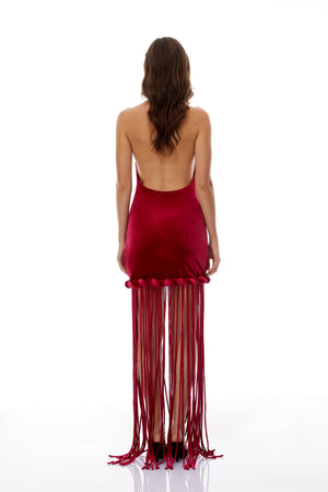 Aurohaya Aïda Red Halterneck Velvet Maxi Dress