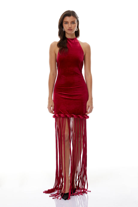 Aurohaya Aïda Red Halterneck Velvet Maxi Dress